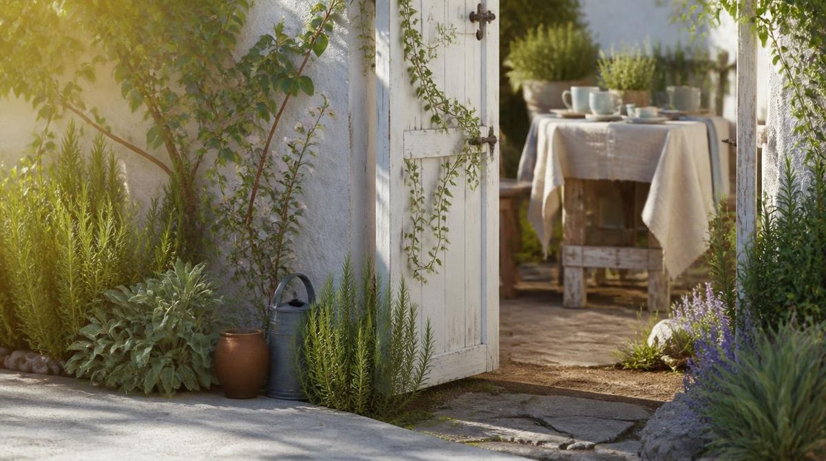 Garden gate open to a set table