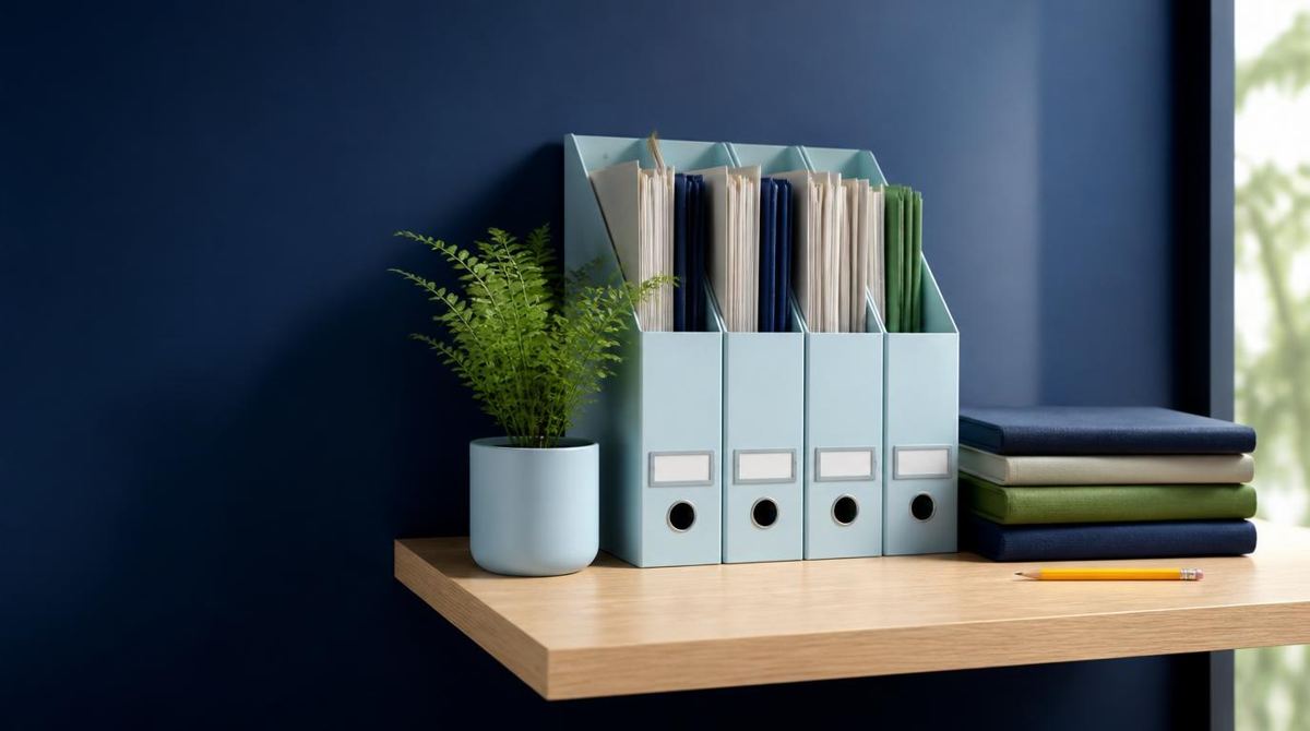 Organized shelf against a navy wall